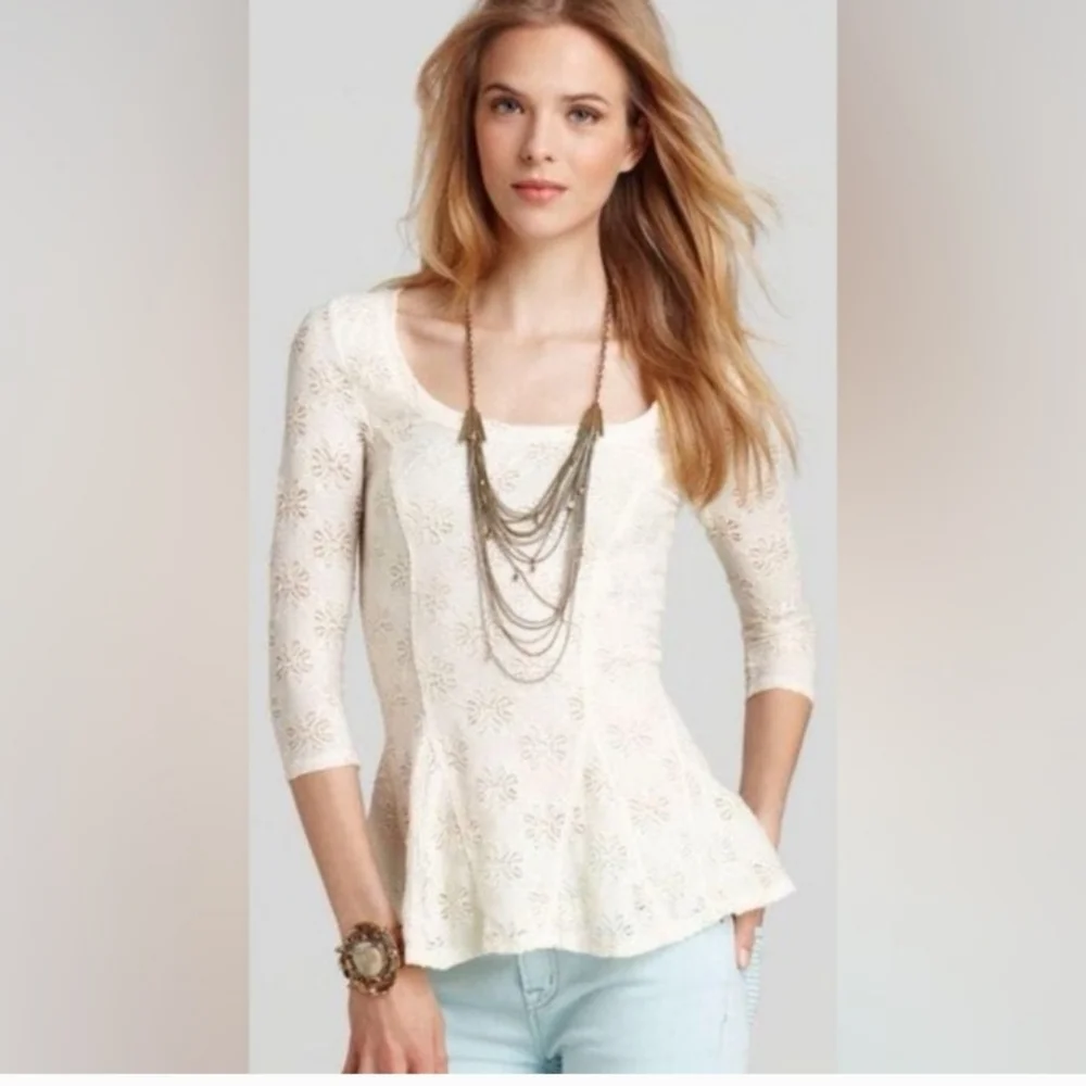 Free People Penelope Lace Peplum Top Cream Ivory Small Boho Romantic